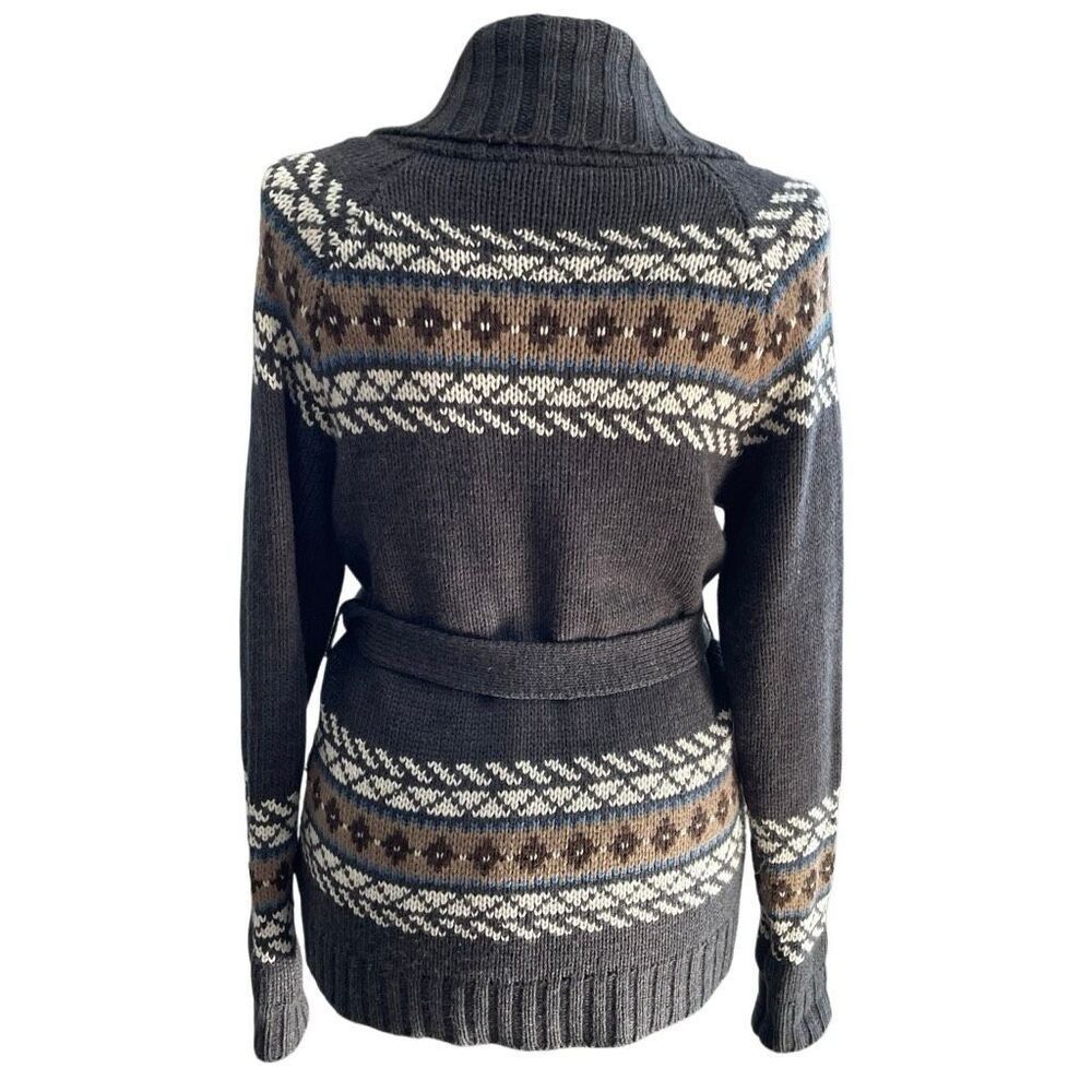 Womens Nordic Open Front Cardigan L Gray Belted Minimal Normcore Shawl Collar